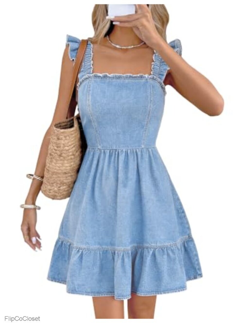 Denim Babydoll Dress Square Neck Ruffle Tiered Mini Dress Smocked Back
